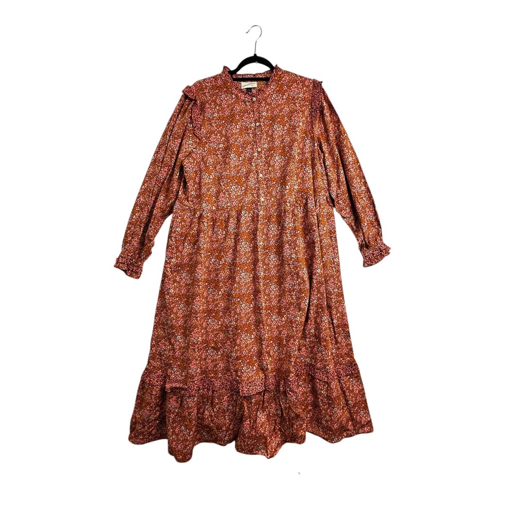 Universal Thread Womens XL Floral Midi Dress Rust Orange Pink Boho Tiered Ruffle